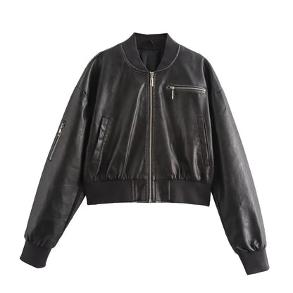 Vintage O-Neck Leather Jacket