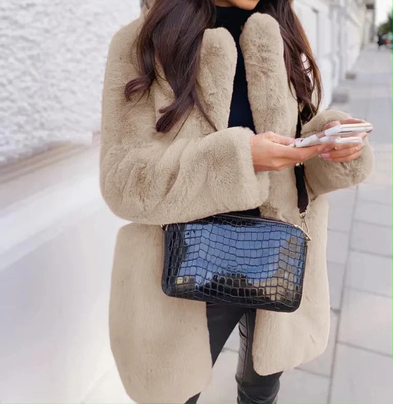 Woven Block Long Faux Fur Coat