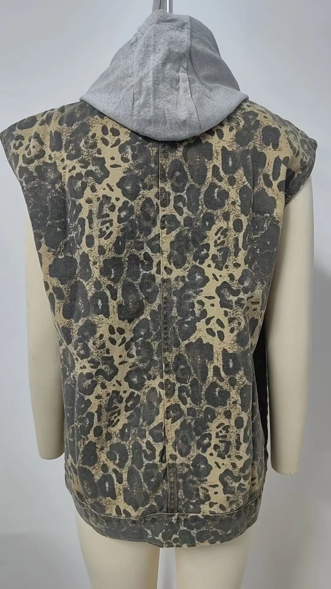 Leopard Denim Hooded Vest Jacket
