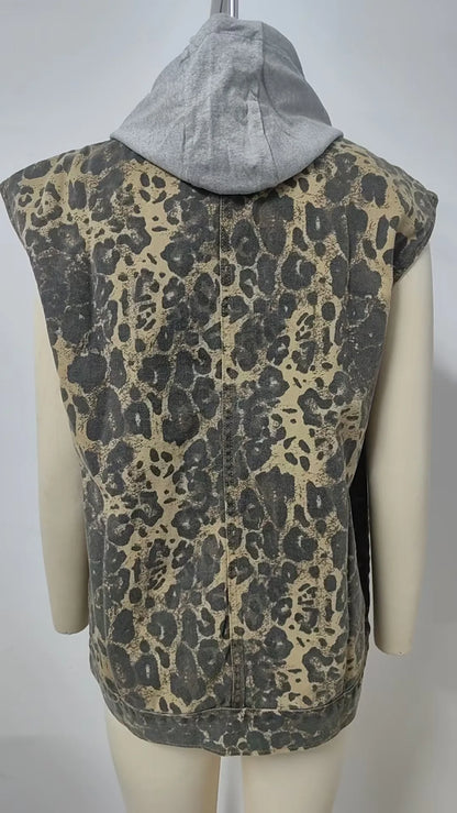 Leopard Denim Hooded Vest Jacket
