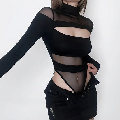 Shadow Mesh Hollow Long Sleeve Bodysuit