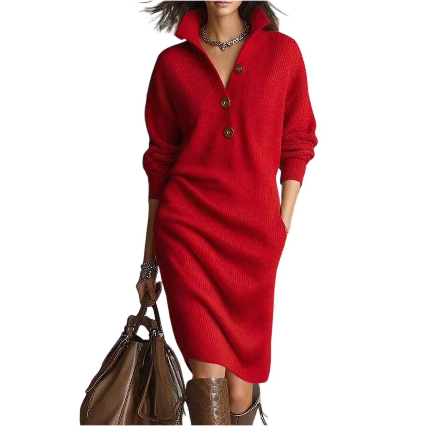 Casual Button Loose Mid-Length Knitting Sweater Dress
