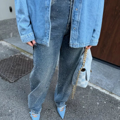 Spark Denim Rhinestone Straight Jeans
