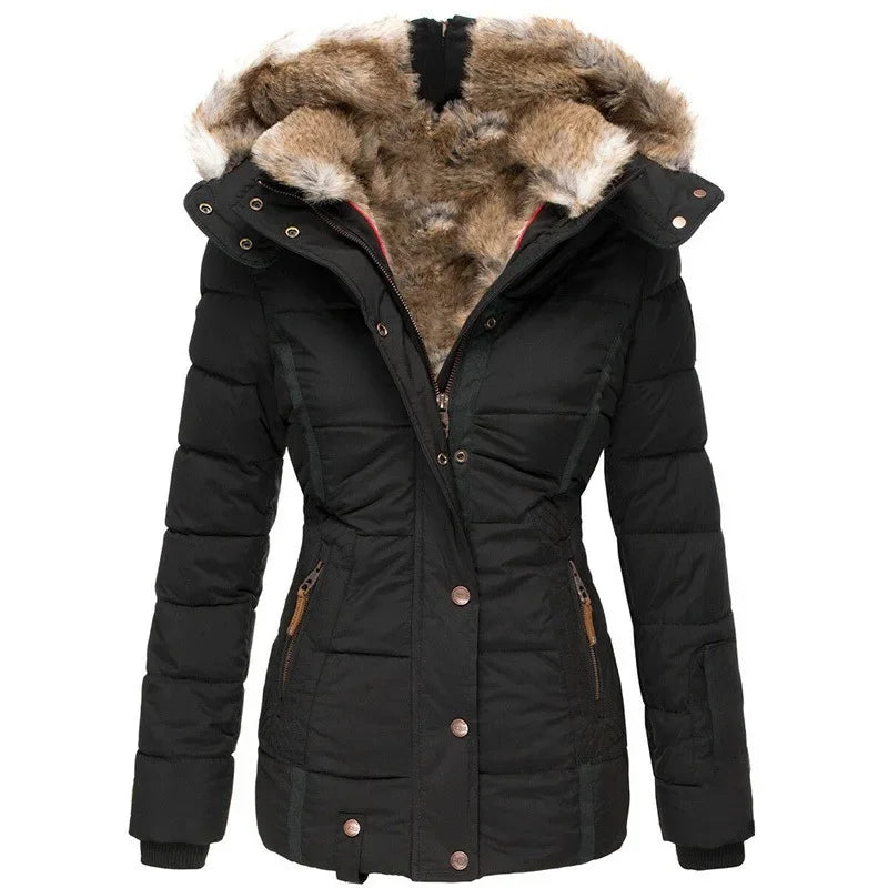 Women’s Hooded Cotton Coat — Slim Warm Fur Collar Jacket