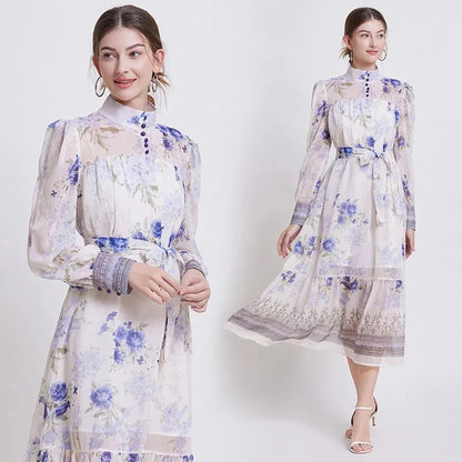Floral Chiffon Waist Cinching Dress