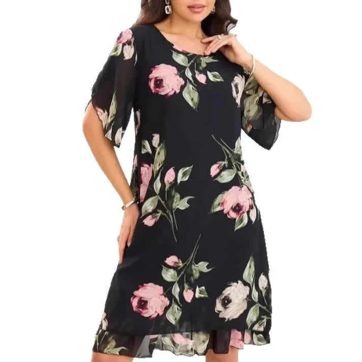 Elegant Printed Chiffon Round Dress