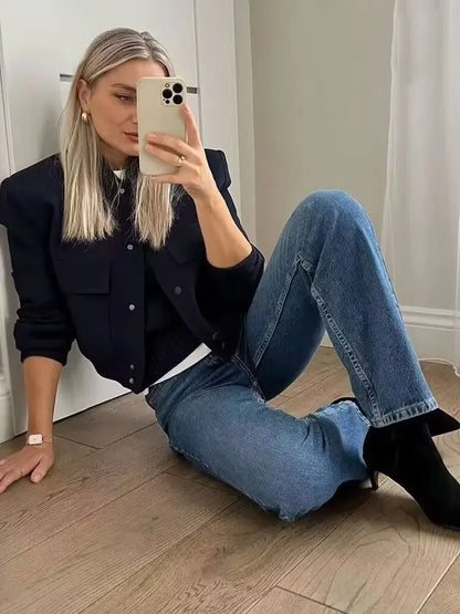 Stand Collar Pocket Jacket for Women