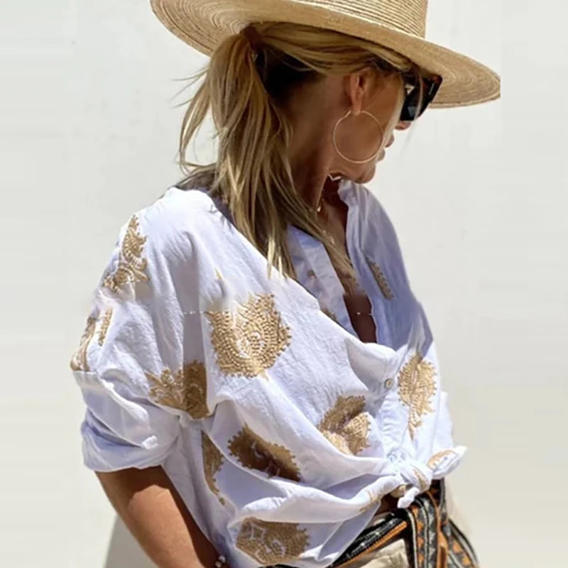 Autumn 3D Print Button-Up Shirt