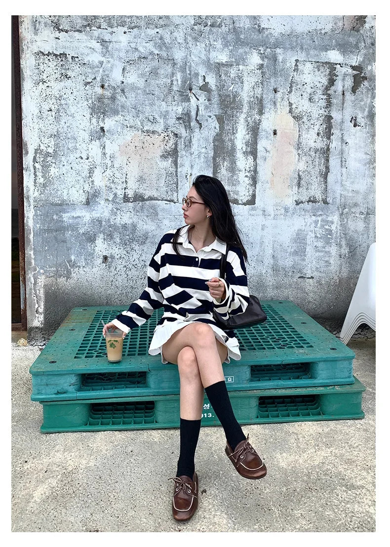 Loose Fit Striped Polo Sweatshirt