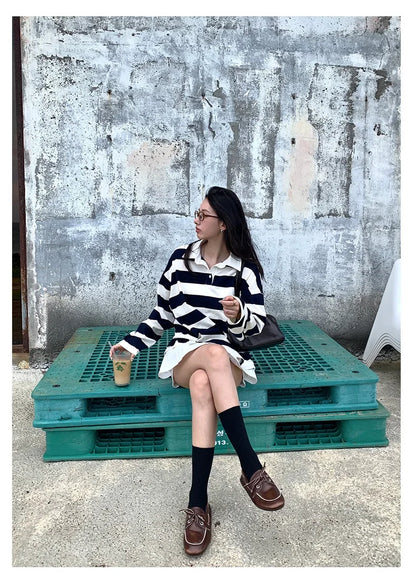 Loose Fit Striped Polo Sweatshirt