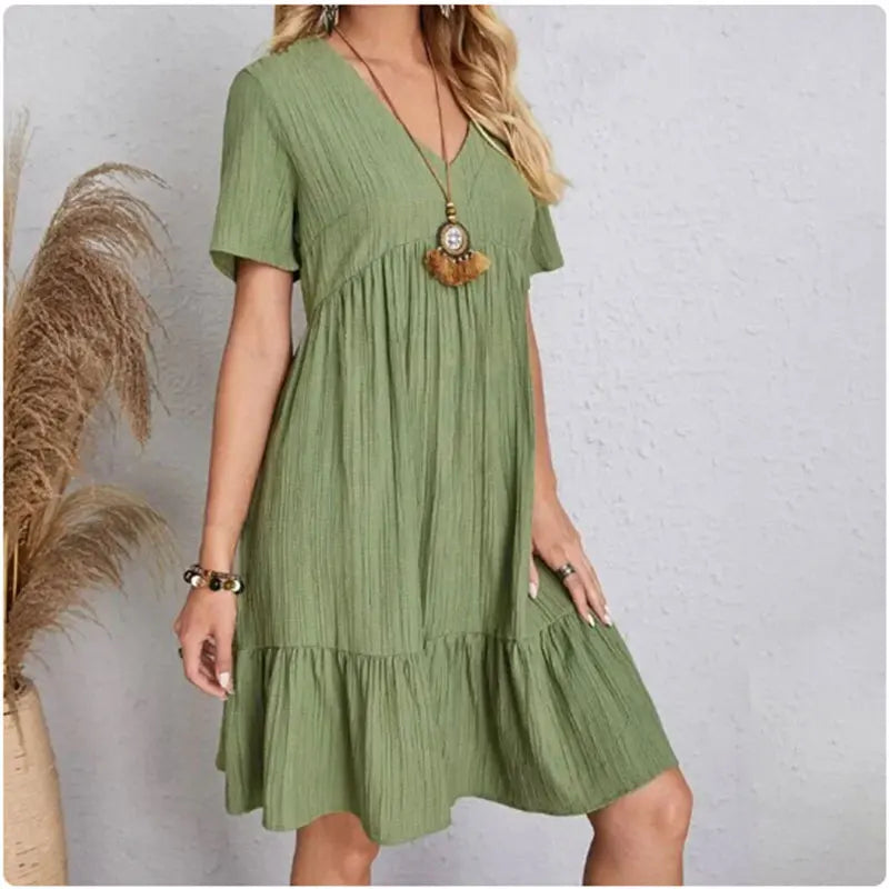 Solid V-Neck Beach Dress