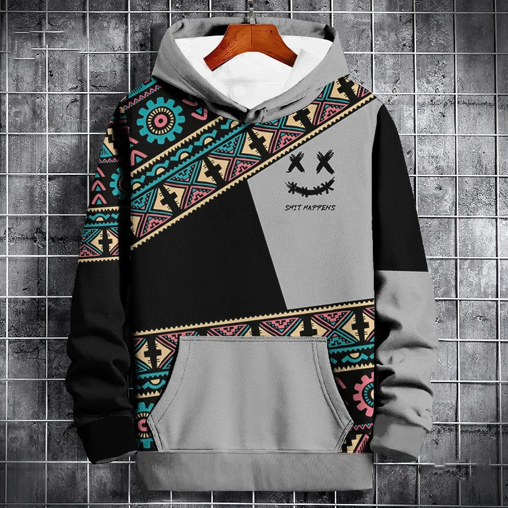 Ethnic Print Patchwork Hoodie