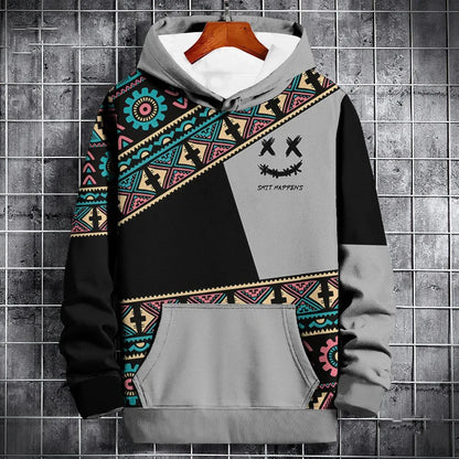 Ethnic Print Patchwork Hoodie