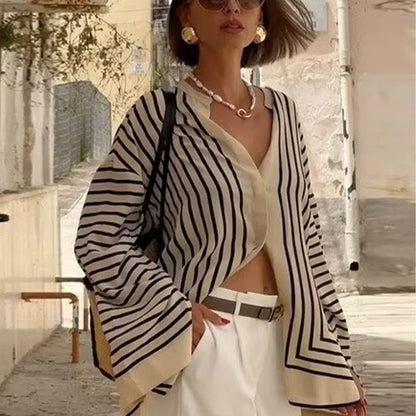 Striped Silk Flare Sleeve Blouse