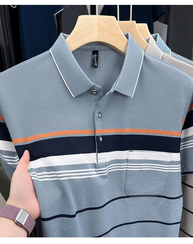 Luxury Color-Block Striped Polo Shirt