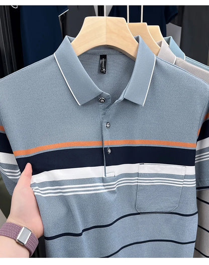Luxury Color-Block Striped Polo Shirt