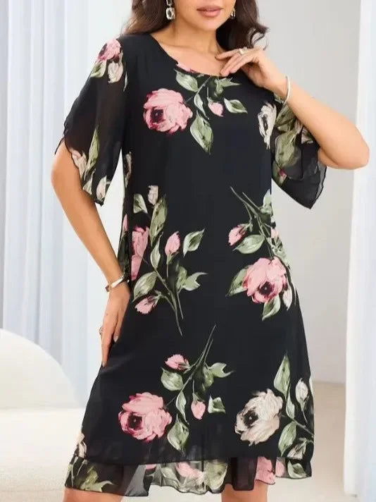 Elegant Printed Chiffon Round Dress