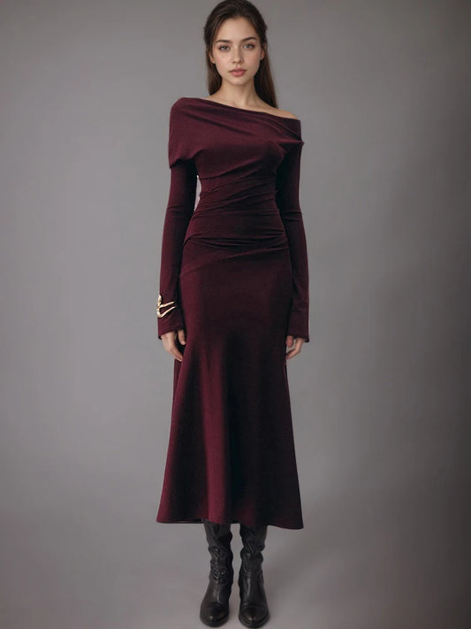 Crimson Drape One-Shoulder Knit Dress