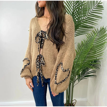 Leopard Lace-Up V-Neck Cardigan
