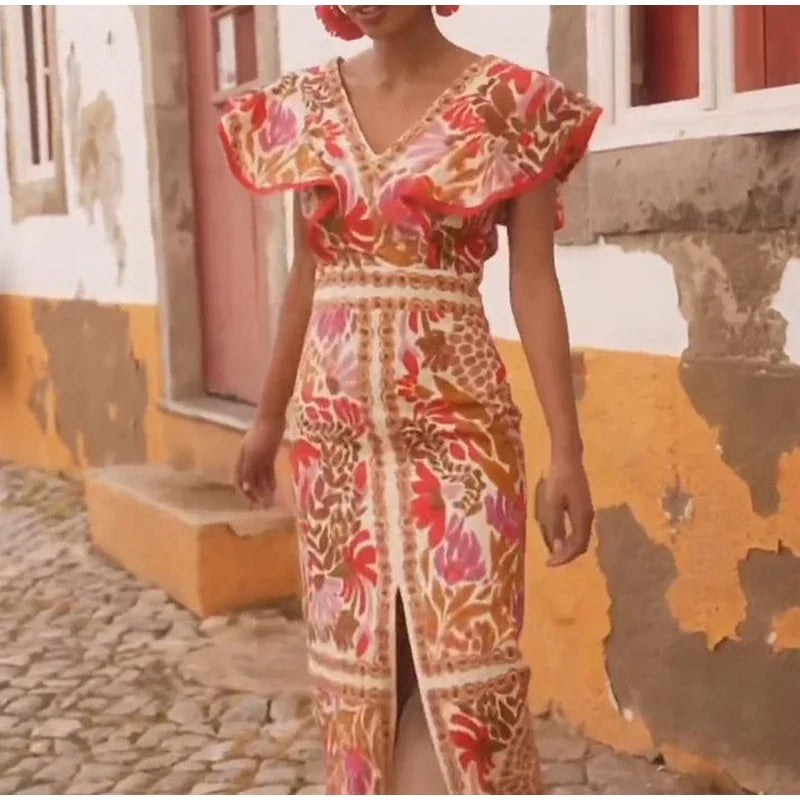 Backless Ruffle V-Neck Maxi Dress