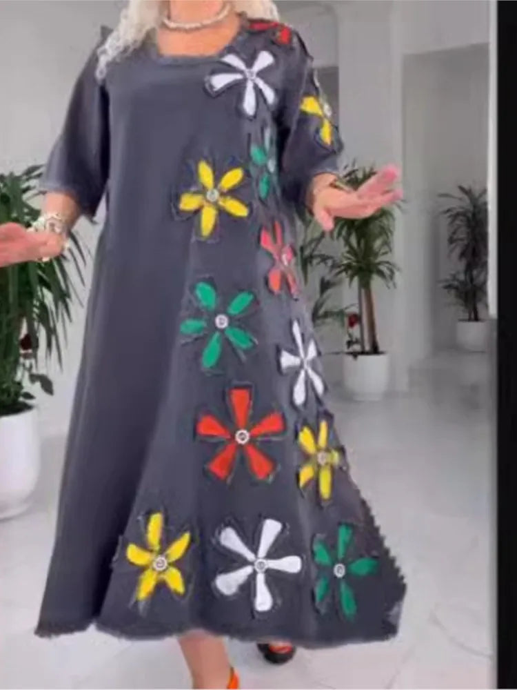 Elegant Floral Patch A-line Midi Dress