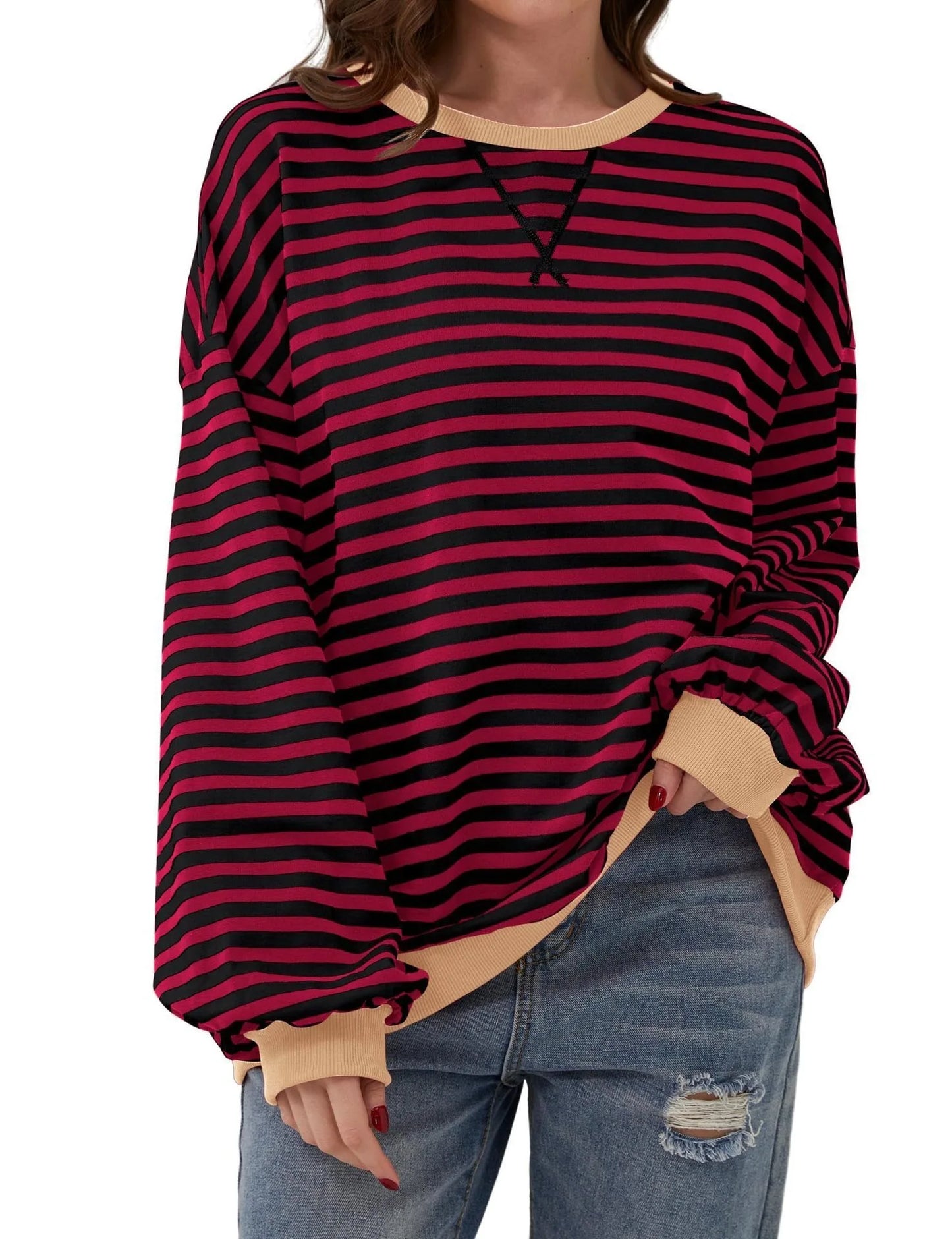 Women's Striped Crew Neck Long Sleeve Pullover Sweater for Fall/Winter Homewear