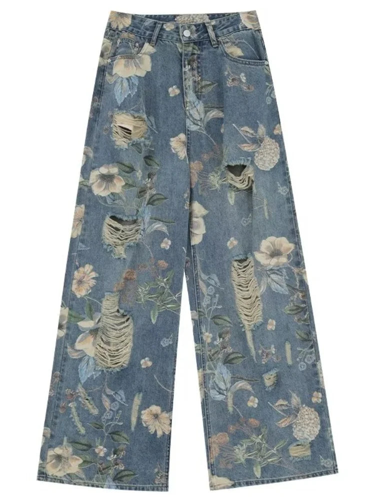 Vintage Floral Ripped Wide Leg Jeans