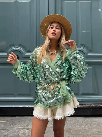 Sequin Lace-Up V-Neck Cardigan