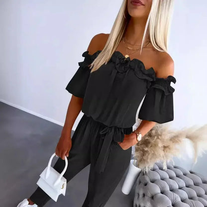 Off-Shoulder Frill Hem Jumpsuit