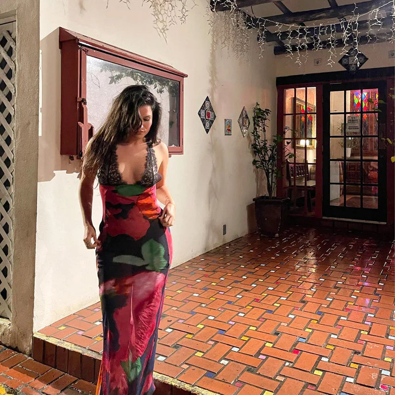 Elegant Floral Halter Maxi Gown