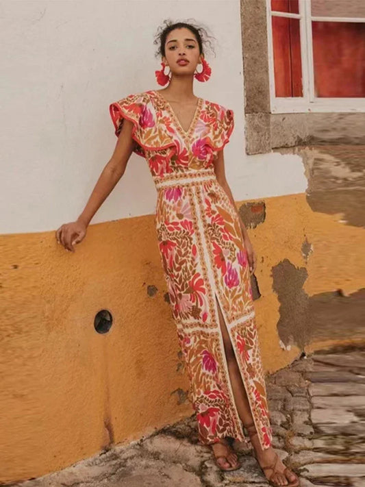 Backless Ruffle V-Neck Maxi Dress