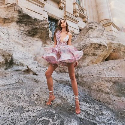 3D Floral Backless Halter Dress