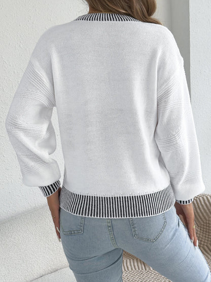 Autumn Winter Striped Lantern Sleeve Sweater