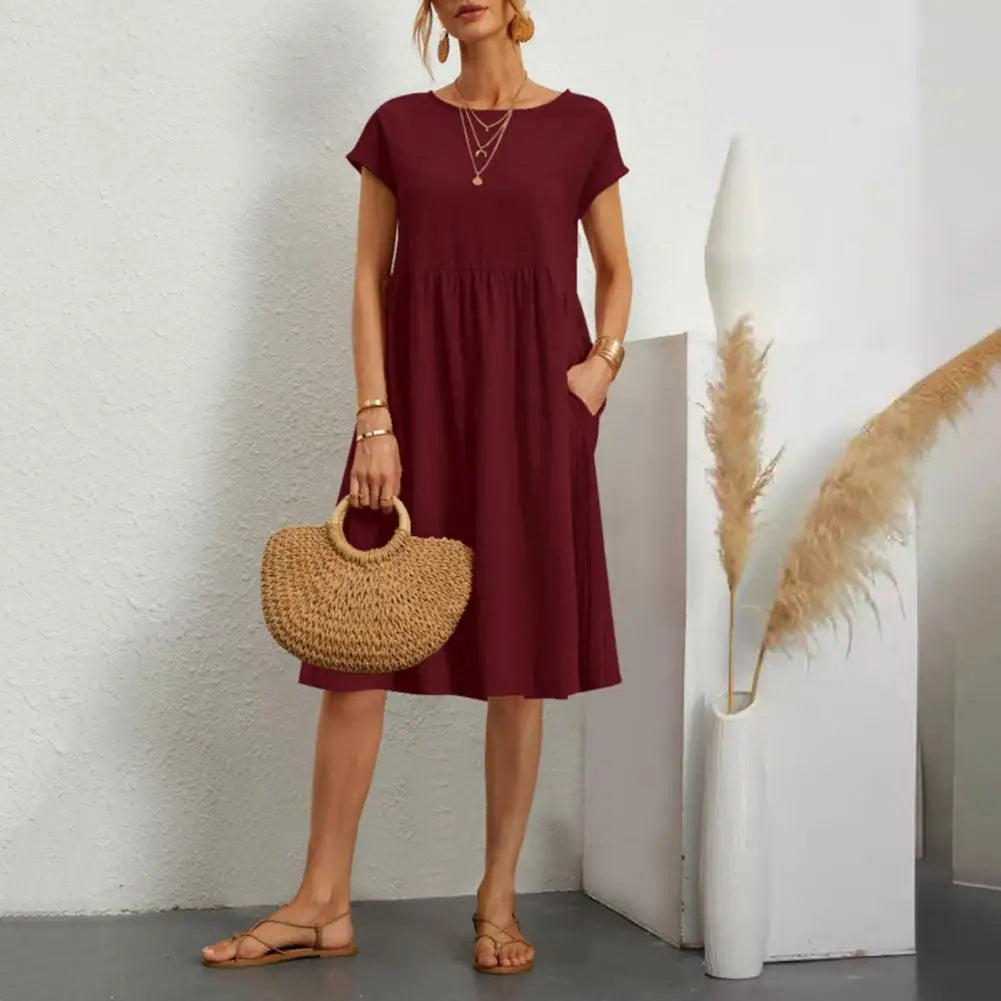 Women’s Vintage O-Neck Casual Summer Dress with Pockets