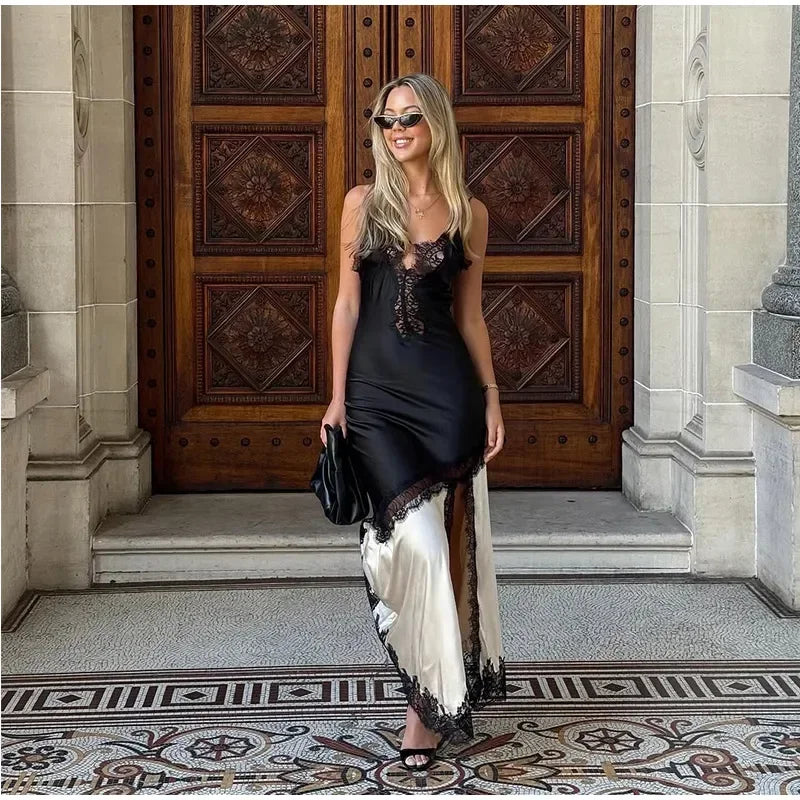 Satin Glow Lace Splice Dress