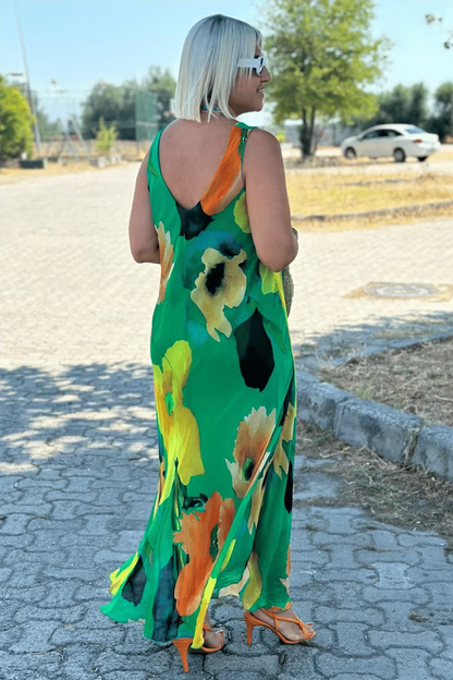 Silken Bloom U-Neck Maxi Dress