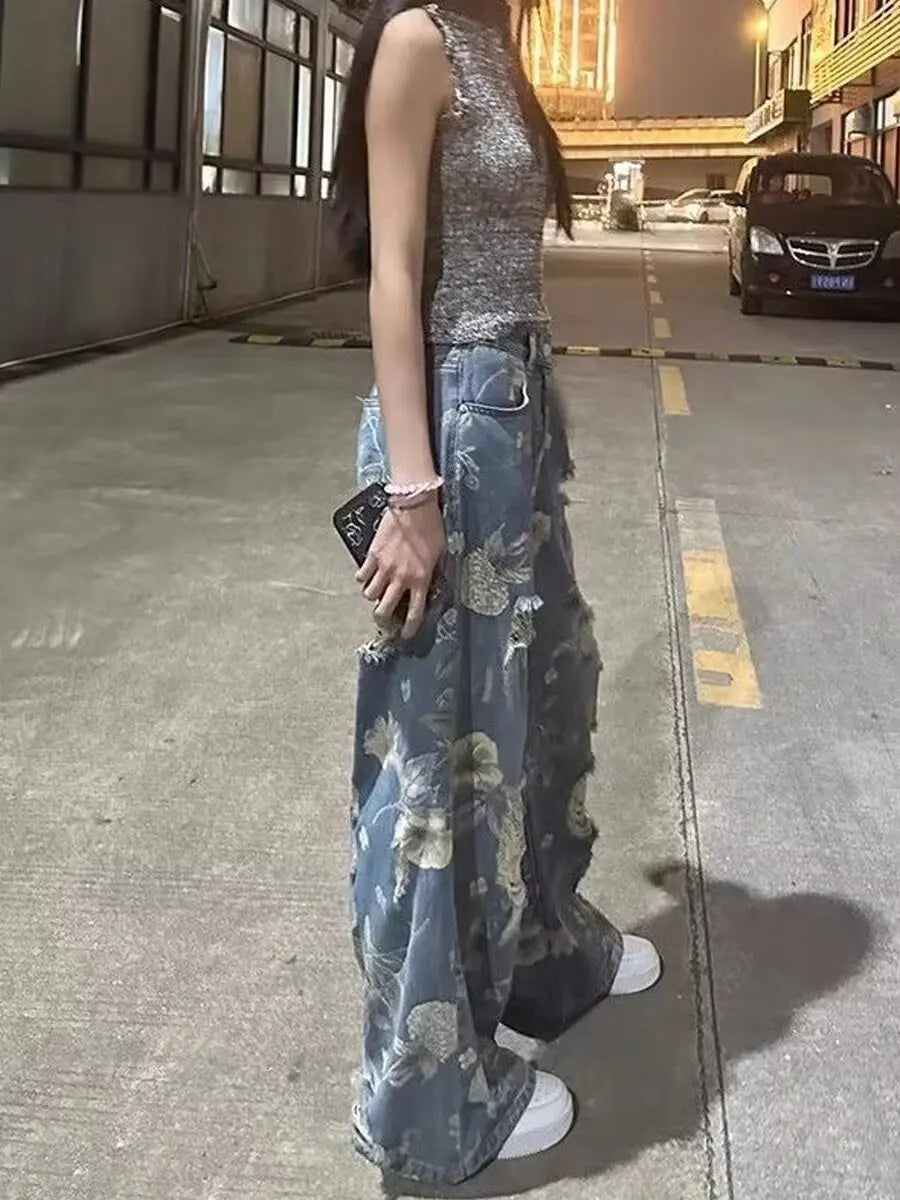 Vintage Floral Ripped Wide Leg Jeans