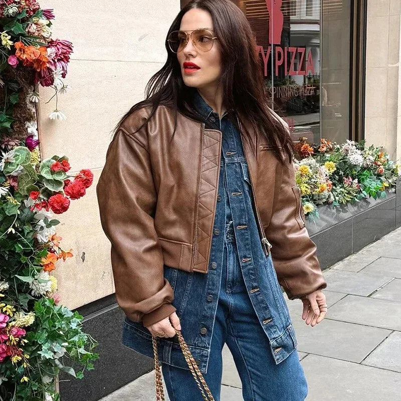 Vintage O-Neck Leather Jacket