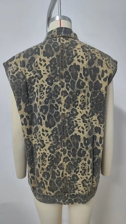 Leopard Denim Hooded Vest Jacket