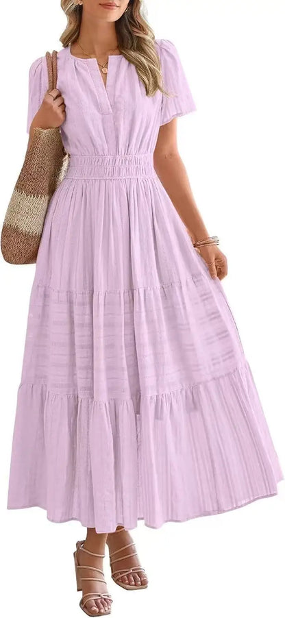 V-Neck Puff Sleeve Beach Dress