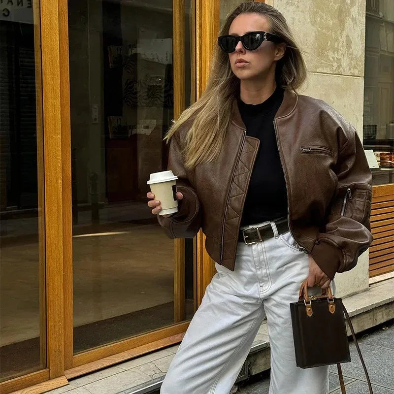 Vintage O-Neck Leather Jacket