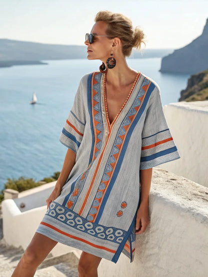 Coastal Bloom V-Neck Holiday Dress