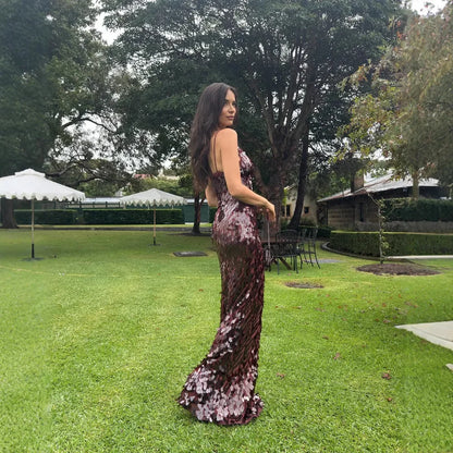 Red Sequin Backless Maxi Dress