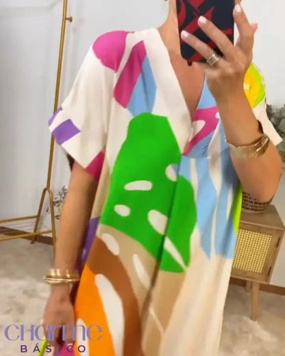 Printed V Neck Loose Summer Dress