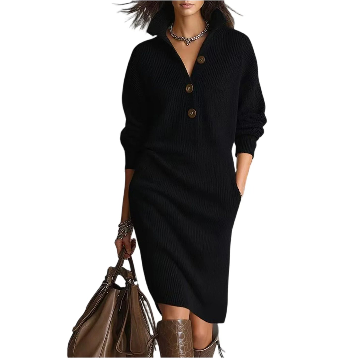 Casual Button Loose Mid-Length Knitting Sweater Dress