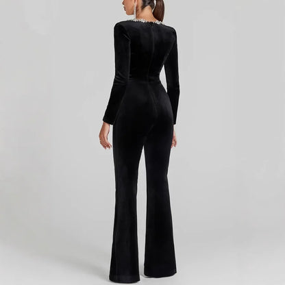 Black Velour Flare Jumpsuit