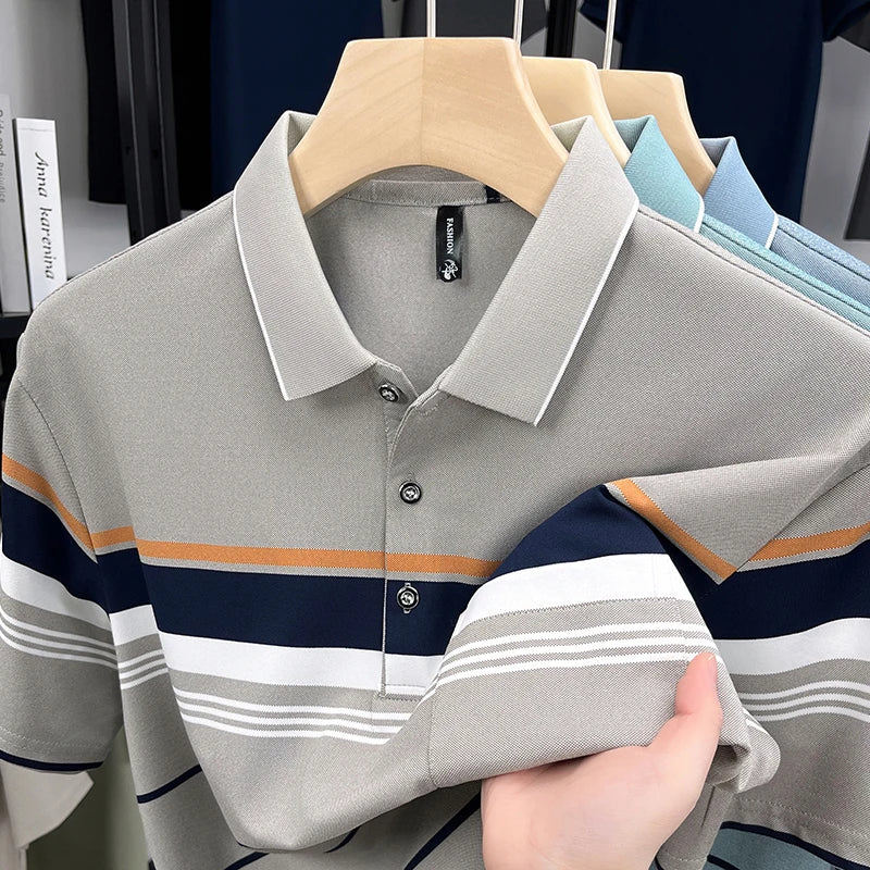 Luxury Color-Block Striped Polo Shirt