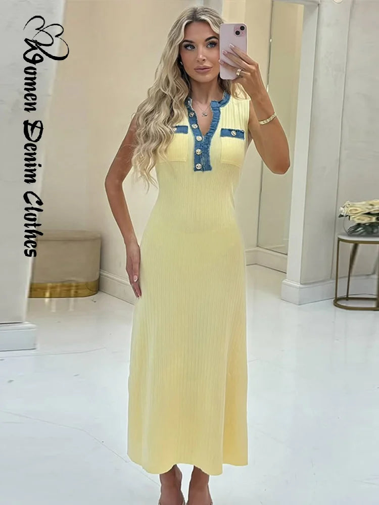 Elegant Knit Denim Splice Midi Dress