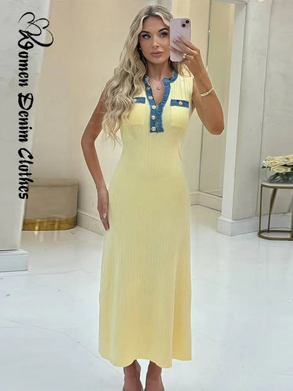 Elegant Knit Denim Splice Midi Dress