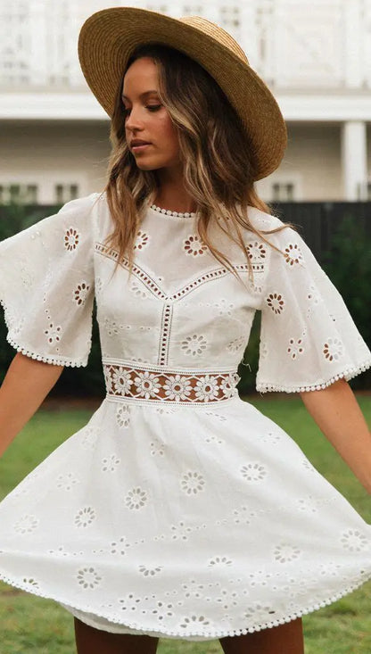Embroidered Bloom Backless Cotton Dress